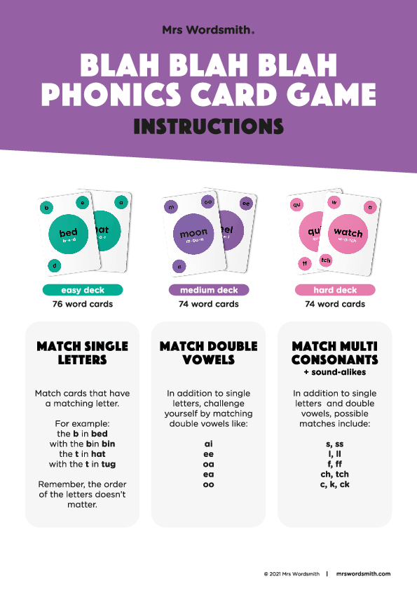 Blah Blah Blah Phonics Card Game - helps kids to learn to read